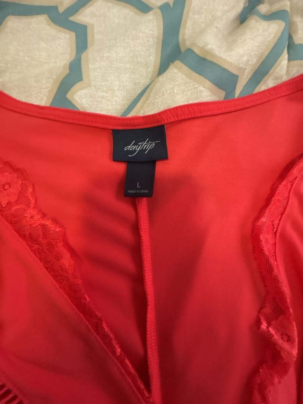Daytrip Red Wrap Blouse with Lace Trim and Side Tie Size L